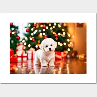 Christmas Bichon Frise Puppy Dog Posters and Art